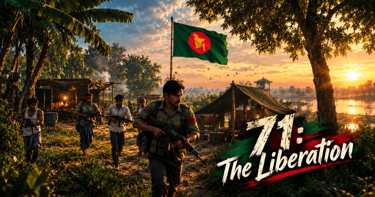 Muktijoddha fighters on patrol at golden hour past their camp, under the 1971 flag of Bangladesh